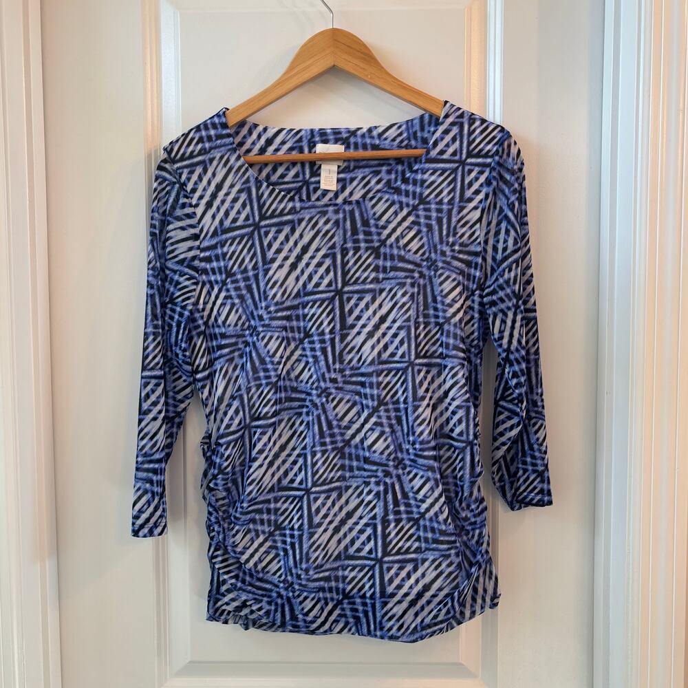 Chico’s Geometric Ruched Top Sz 1 (M) | Coastal  Abstract Office Chic Stretch